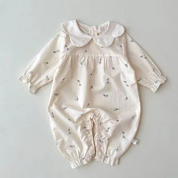 2024 Yeni Bahar 0-24M Çocuk Giysileri Toddler Bebek Kız Romper Uzun Kollu Pamuklu Çiçek Baskı Bebek Bebek Kız Tulum