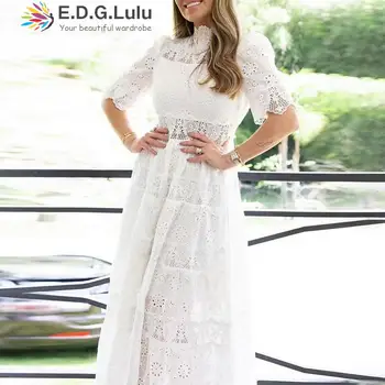 EDGLuLu Moda Standı Yaka Hollow Nakış Dantel Elbiseler Kadınlar İçin 2024 İlkbahar Yaz Kısa Kollu Gevşek uzun elbise 0109