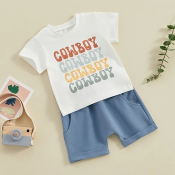 Bebek Yenidoğan Bebek Erkek yaz kıyafetleri Mektup Baskı Kısa Kollu T-Shirt Üstleri ve Elastik Bel Şort 2 Adet Giysi Seti