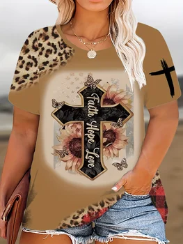 Artı Boyutu günlük t-shirt, kadın Artı Colorblock Leopar Ayçiçeği ve Mektup Baskı Kısa Kollu Yuvarlak Boyun Hafif streç tişört
