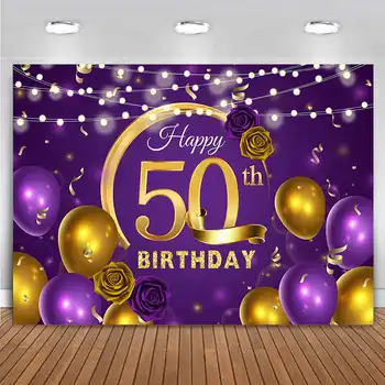 Mutlu 50th Doğum Günü Partisi Dekorasyon Zemin Mor Altın Kadınlar İçin Elli Doğum Günü Yıldönümü Afiş Arka Plan Vinil Özelleştirilebilir