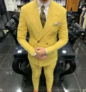 Zarif Sarı Çentik Yaka Özel Bir Düğme Sağdıç Düğün Smokin Iş Erkek Takım Elbise Ceket Pantolon