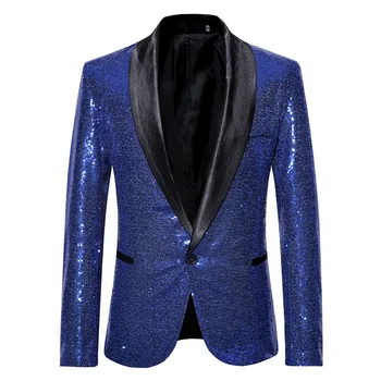 Lüks Kraliyet Mavi Pullu Blazer Erkekler Gece Kulübü Sahne Shaw Yaka Erkek Takım Elbise Ceket Düğün Parti Balo DJ Şarkıcı Blazer Masculino