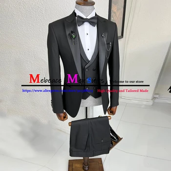 Slim Fit Siyah Takım Elbise Erkekler için Balo Şarkıcı Sahne 3 Parça Set Resmi Düğün Damat Smokin İş Erkek Ceket Yelek Pantolon