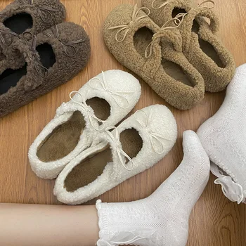 Zarif Sonbahar Kış Bale Mokasen düz ayakkabı Kadın Kadın Flats Loafer'lar Kürk Yuvarlak Ayak Bayanlar Marka Tasarım Oyuncak Açık Ayakkabı