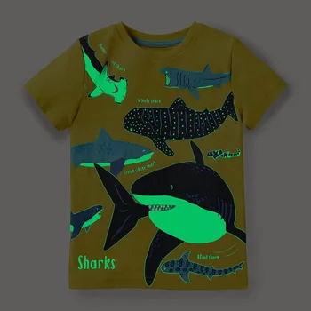 1-8 Yıl Sarı Köpekbalığı Çocuk Tee Gömlek Erkek Hayvan Glow Karanlık Aydınlık Bebek Kısa Kollu Lacivert Yürümeye Başlayan Giysi OKT239407
