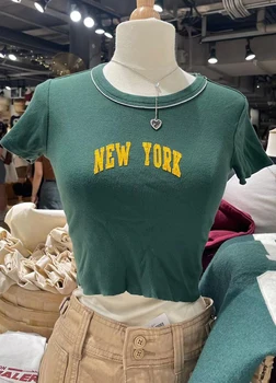 Mektup Nakış İnce T Shirt Kadın Yaz Pamuk Yuvarlak Boyun Ham Hem Sevimli Y2k Kırpma Üst Vintage Streetwear Kısa Kollu Tees