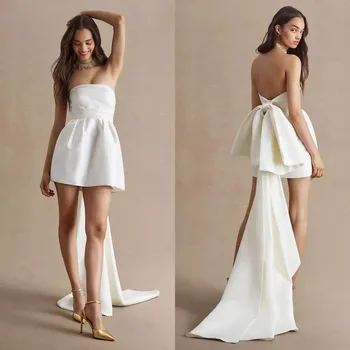 Düğün elbisesi Straplez Basit Benzersiz İlmek Pleats Backless Diz Üstü Etek Saten A-Line Robe De Mariée