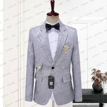 2023 Son Gri Jakarlı Çiçek Tasarım Erkek Takım Elbise Smokin Blazer Casual İş Düğün Parti Damat Kostüm Homme Ceket Ceket
