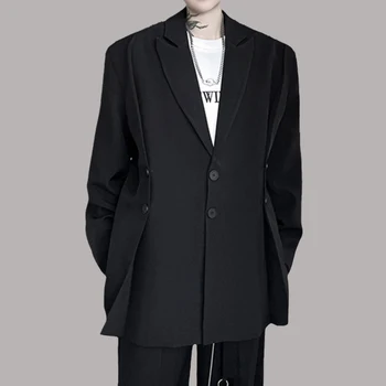 Yüksek Dereceli erkek Blazers Nötr Omuz Pedi Streetwear Yaka Uzun Kollu Düğme Eklenmiş Takım Elbise Ceket Trendi Rahat Gevşek Ceket