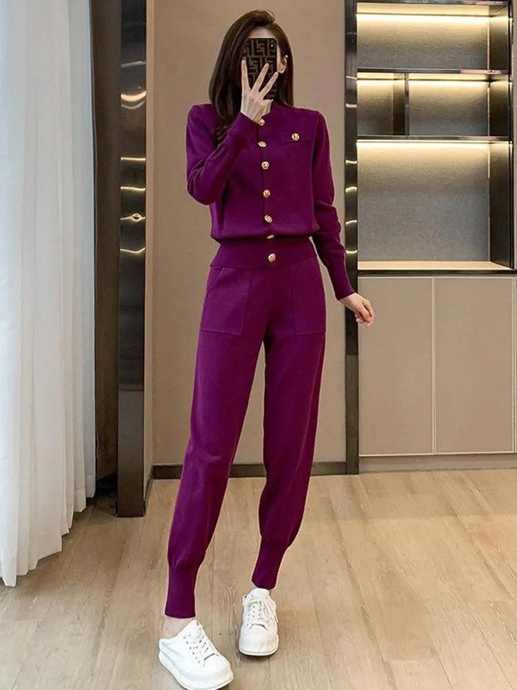 Avrupa Moda 2023 Yeni Sonbahar/Kış İki Parçalı Setleri Metal düğmeler Örme Hırka + Pantolon Takım Elbise