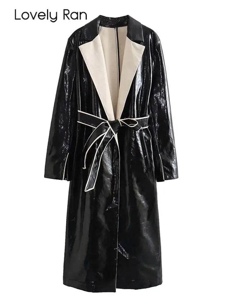 Deri Uzun Ceket Kadın Klasik Yaka Uzun Kollu Rüzgar Geçirmez Palto Kemer İle Moda Sonbahar Giyim Streetwear Mont