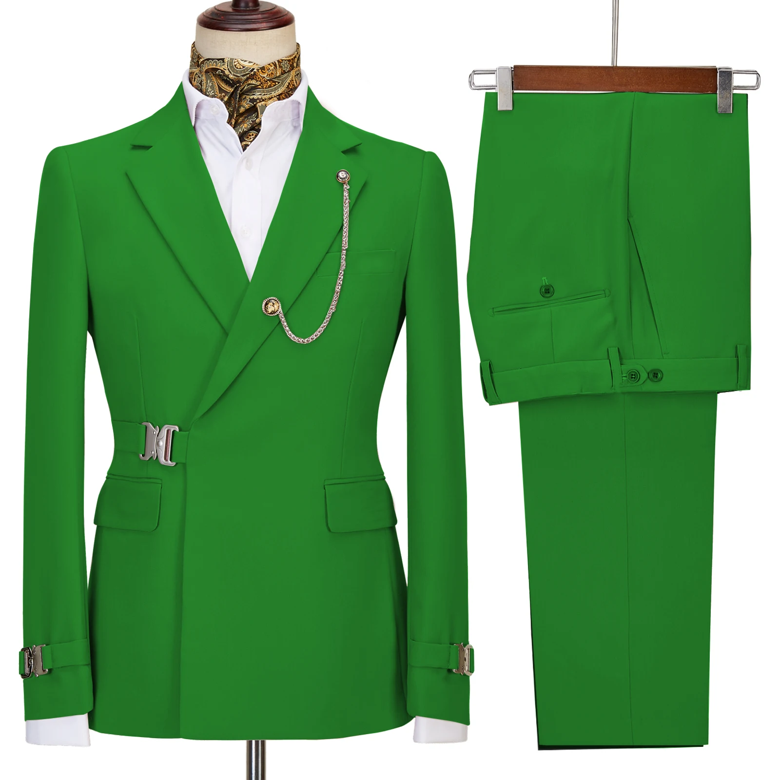Erkek Zarif Takım Elbise 2 Adet Moda Metal Toka Ceket Butik İş günlük giysi Ceket Damat düğün elbisesi (Blazers + Pantolon)