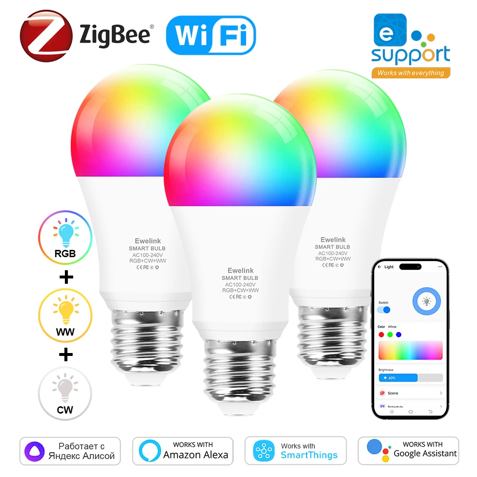 Ewelink E26 E27 Zıgbee LED Ampuller Wifi akıllı LED lamba RGB + CW + WW 15W 18W LED ışık Ampul Alexa İle Çalışır Google Smartthings Yandex