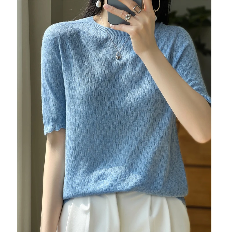Kadın ilkbahar ve yaz yeni %00 % merinos yünü kazak O-Boyun örme kısa kollu kadın rahat kaşmir kazak T-shirt