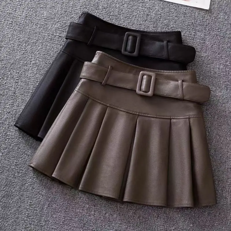 Kız Etek Siyah Pilili Sonbahar Kış PU Yeni A-line Streetwear Gotik Harajuku Kawaii Giyim Japon Moda Jk Üniforma