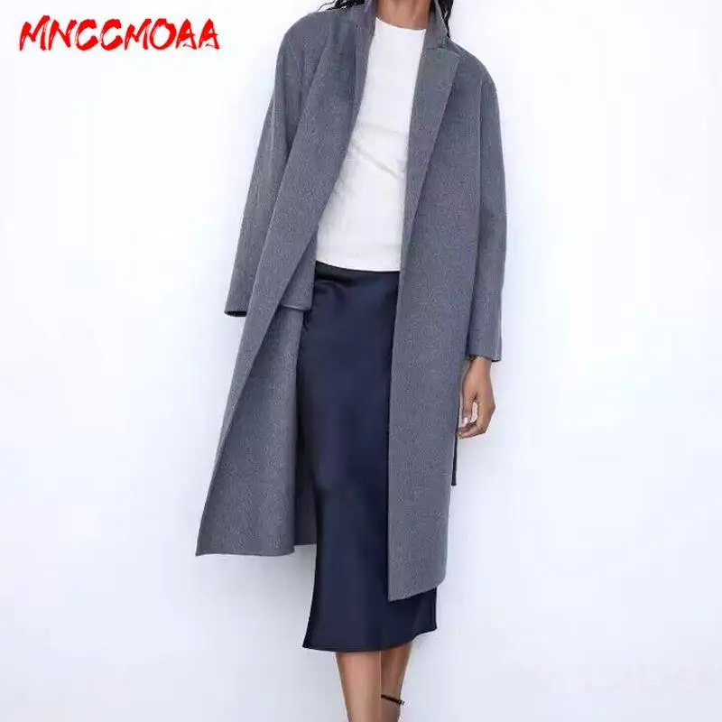 MNCCMOAA 2023 Sonbahar Kış Kadın Moda Gevşek Kemer İle Uzun Yün Ceket Kadın Rahat Uzun Kollu Cepler Giyim