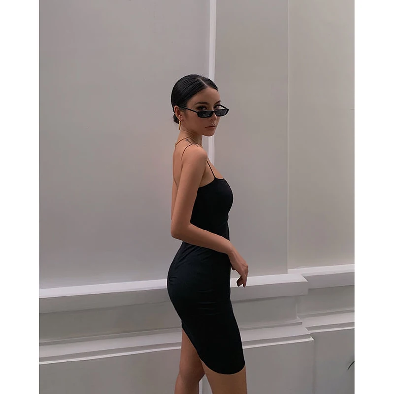 Yaz Siyah Zarif Elbise Ofis Bayan Kolsuz Casual Spagetti Kayışı Sıkı See Through Mini es kadınlar seksi