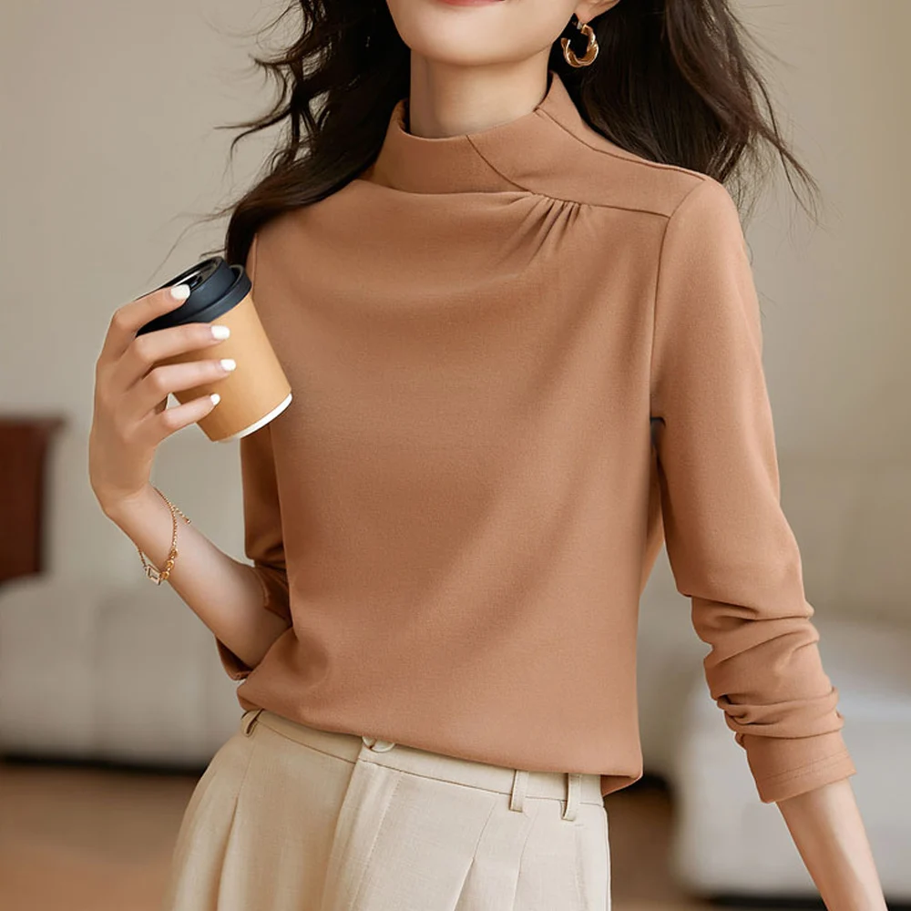 Yeni Kadın Rahat Uzun Kollu T-Shirt Sonbahar Kış Katı Slim Fit Kazaklar Tees Gömlek Kadın Streetwear Temel Tees Tops