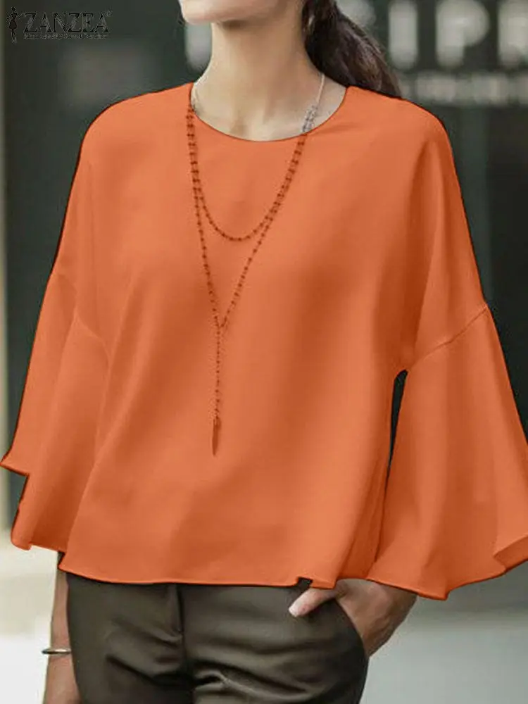 ZANZEA Düz Renk Chemise Kadınlar Flare Kol Bluz 2023 Sonbahar Rahat Gevşek yuvarlak boyun Tunik Üstleri Moda Kore Salıncak Gömlek