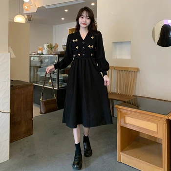 Çiçek Nakış Zarif Elbiseler Artı Boyutu V Yaka Yüksek Bel Vintage siyah elbise Kadife Ofis Bayan Mütevazı Elbiseler Kadınlar için