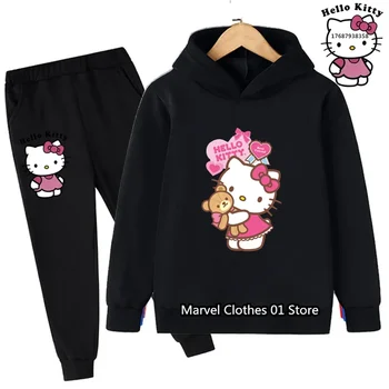Yeni Spor Kazak Kawaii Sanrio Hello Kitty Sevimli Anime Hoodie Kız Ceket + Pantolon 2P Erkek 3-14Y doğum günü hediyesi Rahat Koşu Seti