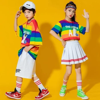 Erkek Sokak Dansı Gökkuşağı Çizgili tişört Şort Kızlar Hip Hop Kırpma Üst Etek Çocuklar Yaz Kostüm Giyim Setleri Çocuk Streetwear