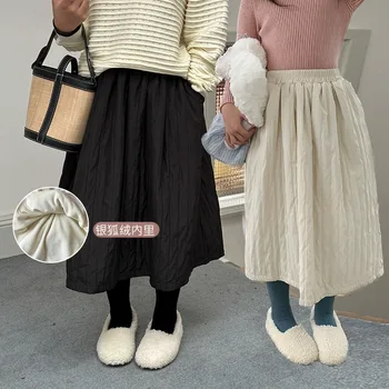 Çocuk Etek 2023 Kış Sonbahar Polar Kızlar Kore Tarzı Şık Düz Renk Yeni Moda Kalınlaşmış Sıcak Çocuklar Tatlı Etek