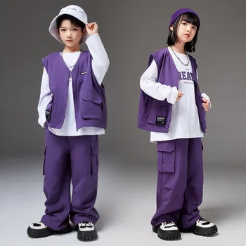 Genç Mor Kpop Hip Hop Giyim Rahat Yelek Üstleri Kargo Pantolon Streetwear Kız Erkek Caz dans kostümü Streetwear Giyim