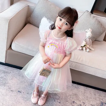 Bebek Kız Elbise 2023 Yaz Sahil Tatil Giyim Kelebek Kanatlı Gökkuşağı Prenses Elbise Çocuk Giyim Çocuk Sequins Elbiseler