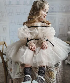Kızların Elbise Kızların Prenses Elbise Omuzsuz Fener Uzun Kollu Yay Balo Kızlar Parti Balo Elbise doğum günü hediyesi 1-13Y