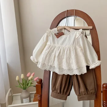Çocuk giyim setleri İçi Boş Dantel Gömlek Üst + Gevşek Pantolon Çocuk Giysileri Kız 1 İla 6 Yıl Kıyafet Seti Kız Giysileri