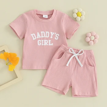 2 Adet Yenidoğan Bebek Kız Giysileri Babanın Kız Örme kısa kollu tişört Üstleri şort pantolon seti Toddler yaz kıyafetleri