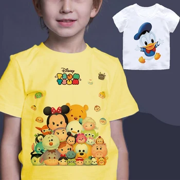 Kawaii Karikatür Disney baskı t-shirt Anime Giysileri Mickey Mouse Donald Ördek Sarı Beyaz Ekip Boyun Üst 2022 Yaz Yeni Çocuk Giysileri