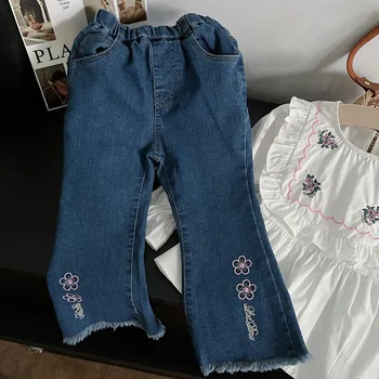 Alevlendi Pantolon Yeni Kız Sonbahar Çiçek Desen Kot Çocuk giyim Moda Çok Yönlü Nakış Basit Moda