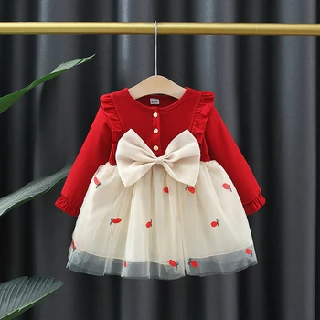 İlkbahar Sonbahar Uzun Kollu Sevimli Yay rahat elbise Örgü İşlemeli Çocuk Kız Giysileri Toddler çocuk elbiseleri