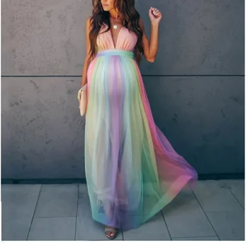 Kadın hamile elbisesi Photoshoot için Tül Elastik Fırfır Kolsuz Elbise Maxi Düğün Gelin Gebelik Fotoğraf Elbise