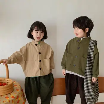 Kore Bahar Çocuk Erkek Giyim Gevşek Vintage Saf Pamuk Katı Çocuk Erkek Ceket Basit Uzun Kollu Yürümeye Başlayan Çocuk Ceket