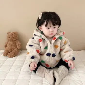 Sonbahar Kış Yeni Erkek Kız Bebek Renkli Noktalar Polar Kalınlaşmak kapüşonlu ceket Çocuk Pamuk Artı Kadife Sıcak Üstleri Çocuk Rahat Ceket