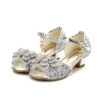 Çocuk Sandalet Kızlar İçin Düğün Kızlar Sandalet Kristal yüksek Topuk Ayakkabı Ziyafet Pembe Altın Mavi Glitter deri ayakkabı Kelebek