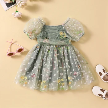 Toddler Kız Elbise Çiçek İşlemeli Dantelli Örgü Kısa Kollu Bebek Elbise Yaz Rahat Prenses Elbise