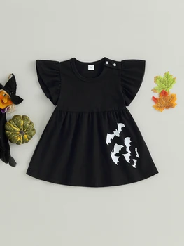 Toddler Kız Cadılar Bayramı kostüm Kısa Kollu Yuvarlak Boyun Kabak Baskı Ruffled evaze elbise