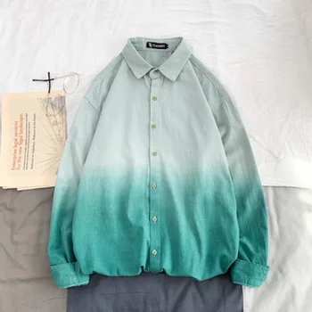 Uzun Kollu Yeşil Düğme Gömlek Erkekler Pamuk Degrade Renk Rahat Artı Boyutu Çift Gömlek Erkek Vintage Olmayan Demir Gömlek Okul Erkek