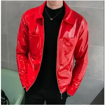 Yeni Deri Parlak erkek ve Mont Kırmızı Kahve Siyah Sahne Kostüm Gece Kulübü Şarkıcı Kulübü Parti Ceket Erkek Giyim