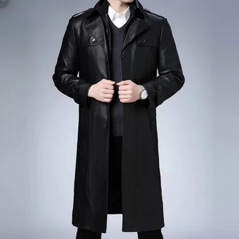 Erkek Hakiki Ceket Sonbahar Kış deri ceketler Erkekler için Rahat Uzun Palto Takım Elbise Yaka Rüzgarlık Jaqueta Masculina