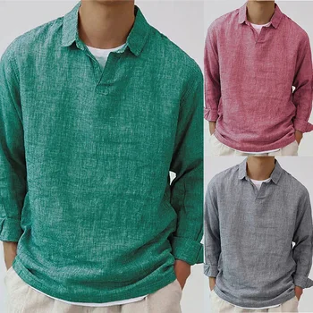 Erkekler Düz Renk V Boyun T - Shirt Casual Uzun Kollu Yaka Gömlek Gevşek Bluz Tops 2023 Yeni Sonbahar Gömlek Erkek Giyim