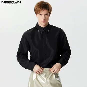 INCERUN Üstleri 2024 Amerikan Tarzı Yakışıklı erkek Rahat Basit Tüm Maç Gömlek Moda Uzun Kollu Yaka Üçgen Bluz S-3XL
