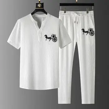 Erkek Setleri 1 Takım Erkekler Yaz Üst Pantolon Düz Renk V Boyun Kısa SleeveDrawstring Rahat Fit Düğmeler Yaka Kıyafet Streetwear