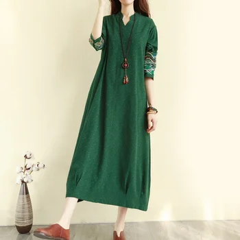 Pamuk Keten çin elbisesi Qipao Uzun Cheongsam Nakış Zarif çin elbisesi es Uzun Kollu Elbise Vintage Femme Vestido 10572